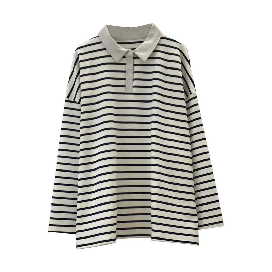 不过时条纹控~学院风时尚翻领孕妇T恤早秋装新款宽松休闲上衣