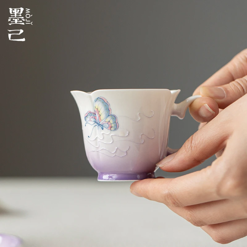 墨己渐变紫手绘蝴蝶主人杯家用陶瓷手把茶杯花茶杯功夫茶具品茗杯