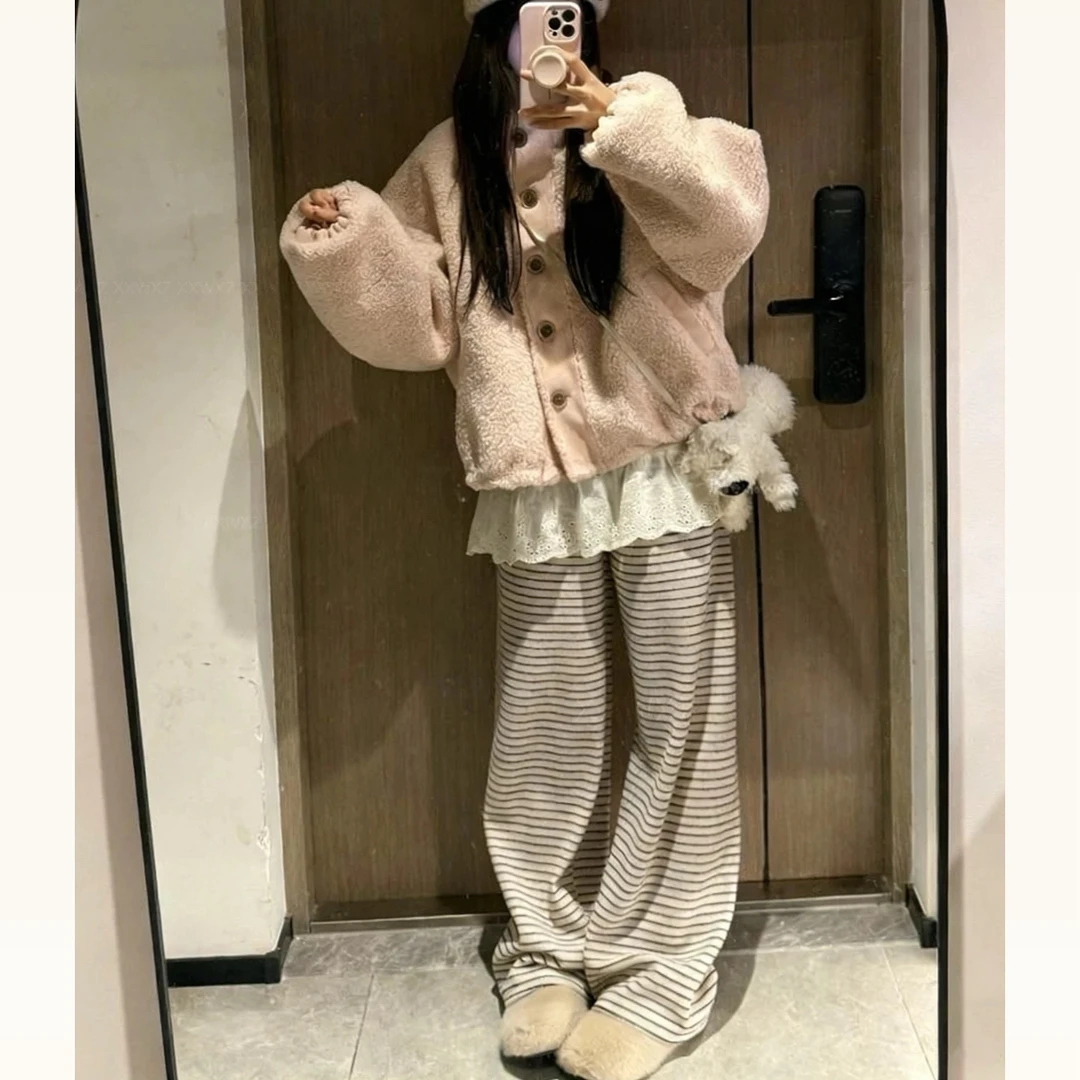 法式甜美气质毛茸茸外套阔腿裤秋冬新款时尚保暖奶fufu上衣裤子