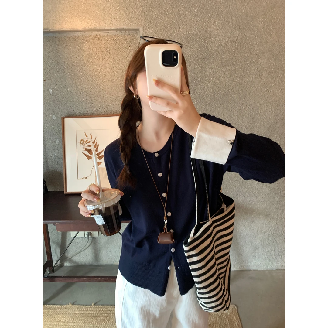 现货大婉酱微胖定制韩系设计感拼接针织衫春季气质百搭上衣 6561D