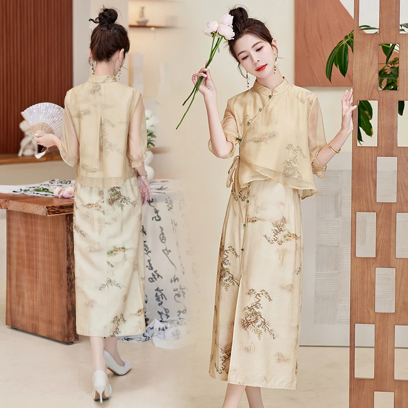 新中式轻风套装女2025夏季新款高级感禅意改良旗袍连衣裙两件套