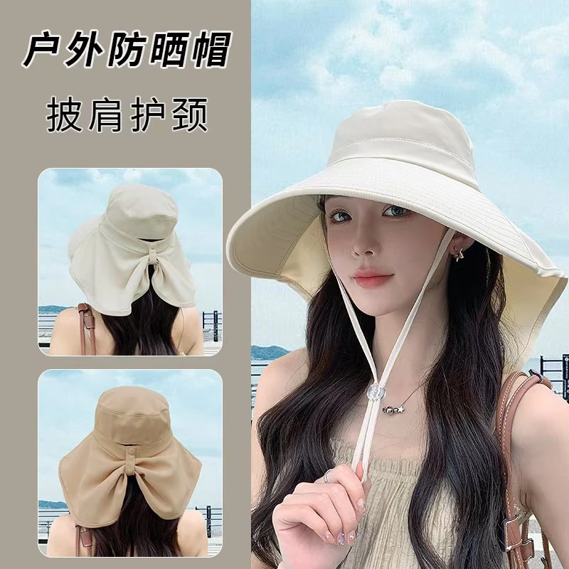 2025新款夏季可扎马尾大帽檐遮阳帽女防紫外线护颈渔夫帽子防晒帽