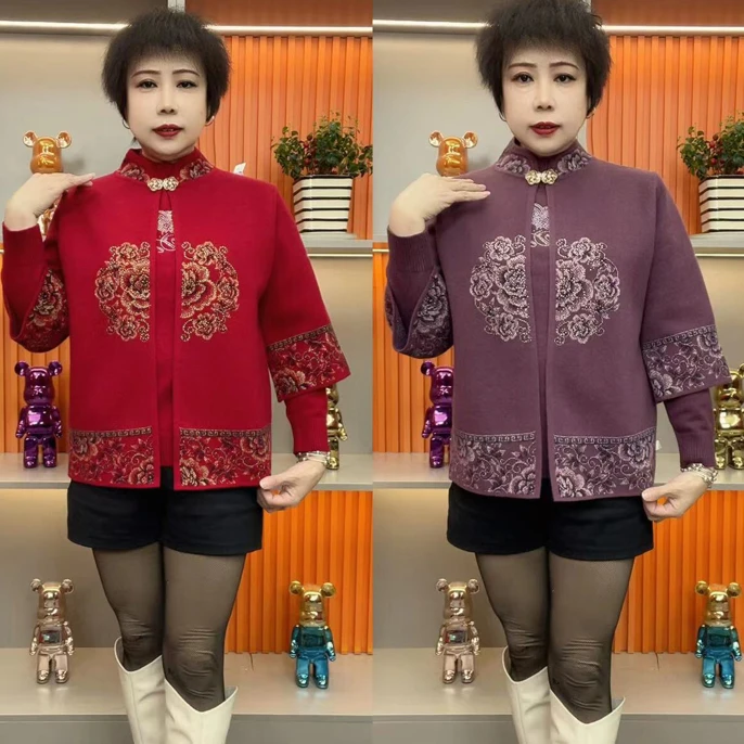 中老年女性秋冬中式喜庆针织毛衣开衫两件套外套