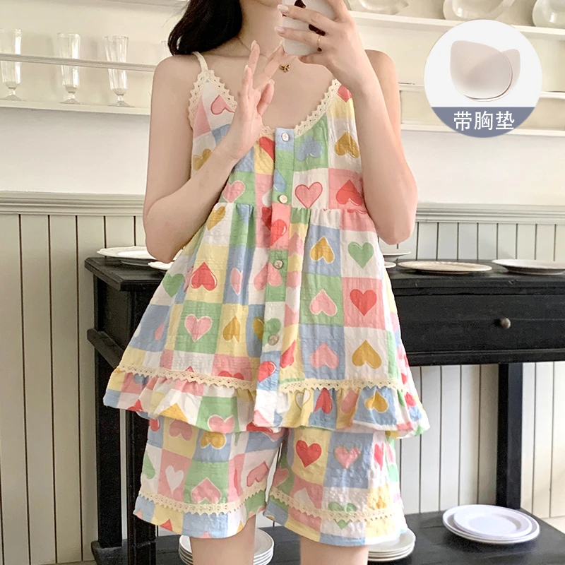 吊带睡衣女款夏季2025新款云朵棉带胸垫甜美爱心可外穿家居服套装