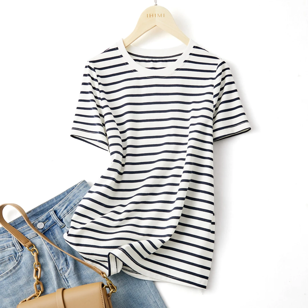 IHIMI/海谧百搭基础条纹T恤2025夏季短袖简约休闲舒适上衣女8304