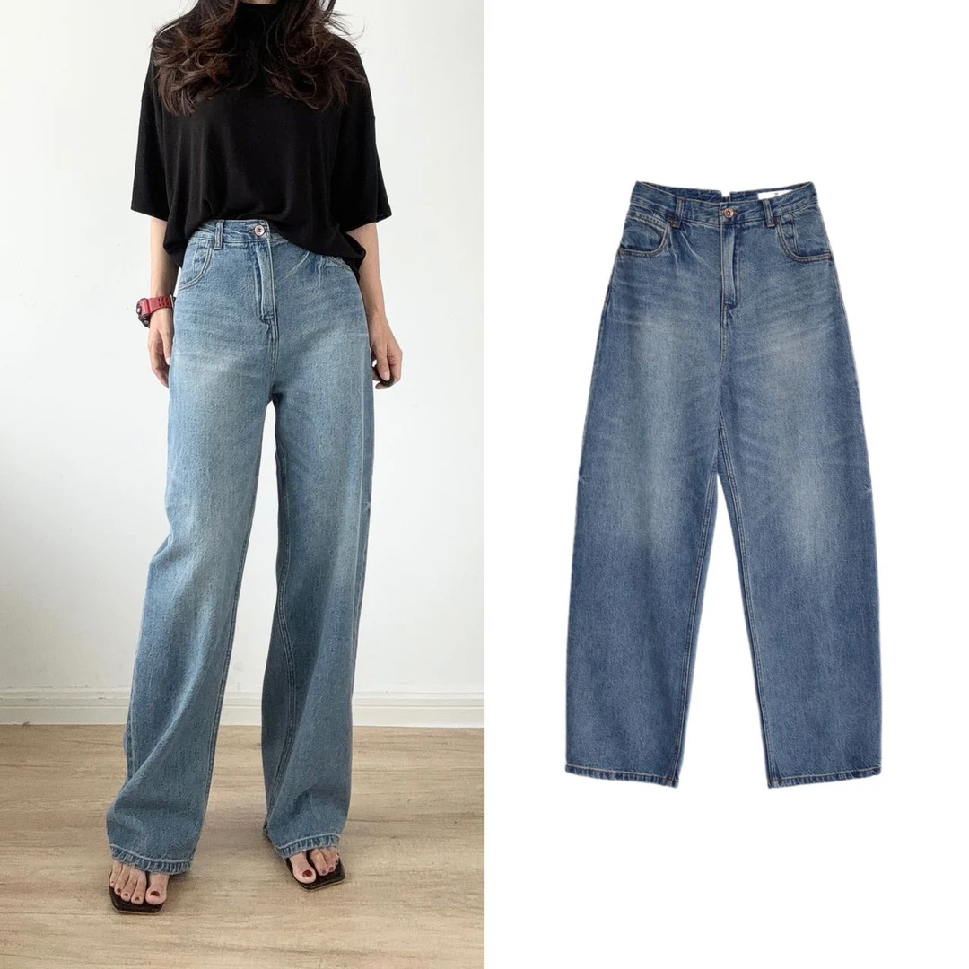 24113【春款上新】显瘦休闲百搭宽松复古春秋韩版高腰牛仔裤