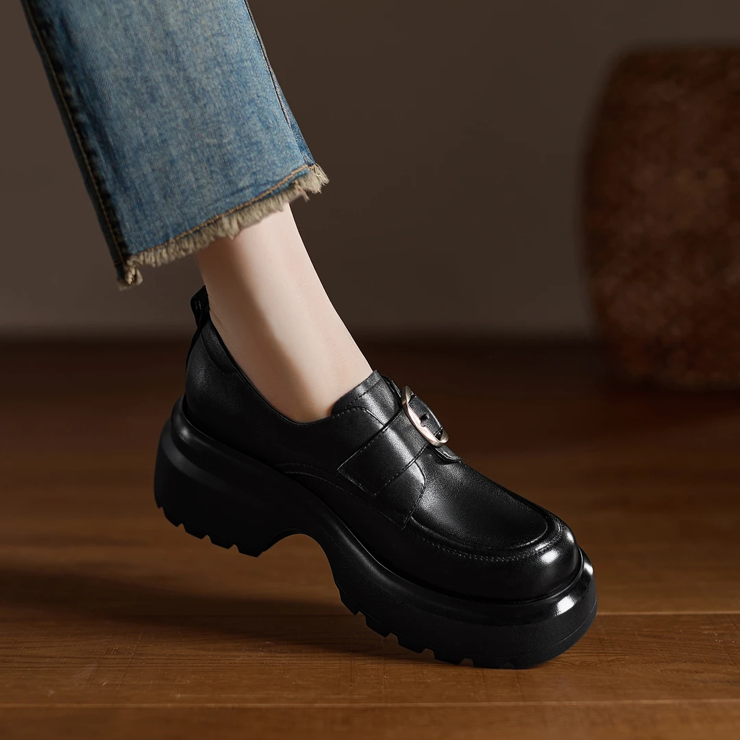 小个子增高7cm~真皮复古厚底JK乐福鞋女新款黑色小皮鞋深口单鞋女