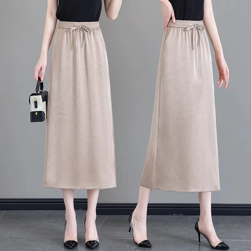 高级感醋酸缎面半身裙女夏2025新款松紧高腰冰丝垂感a字百褶伞裙