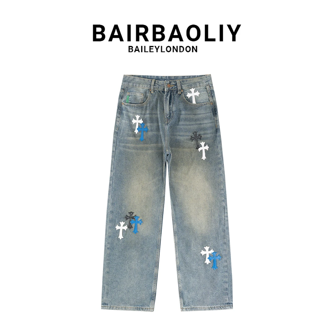 BAIRBAOLIY美式高街十字架拼皮男士轻奢潮流宽松直筒水洗牛仔长裤