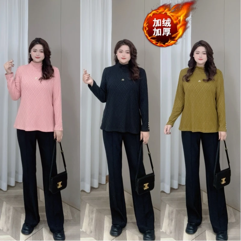 PWD32581 【现货仅上衣】冬季气质小高领加绒加厚大码女装【衣长69】