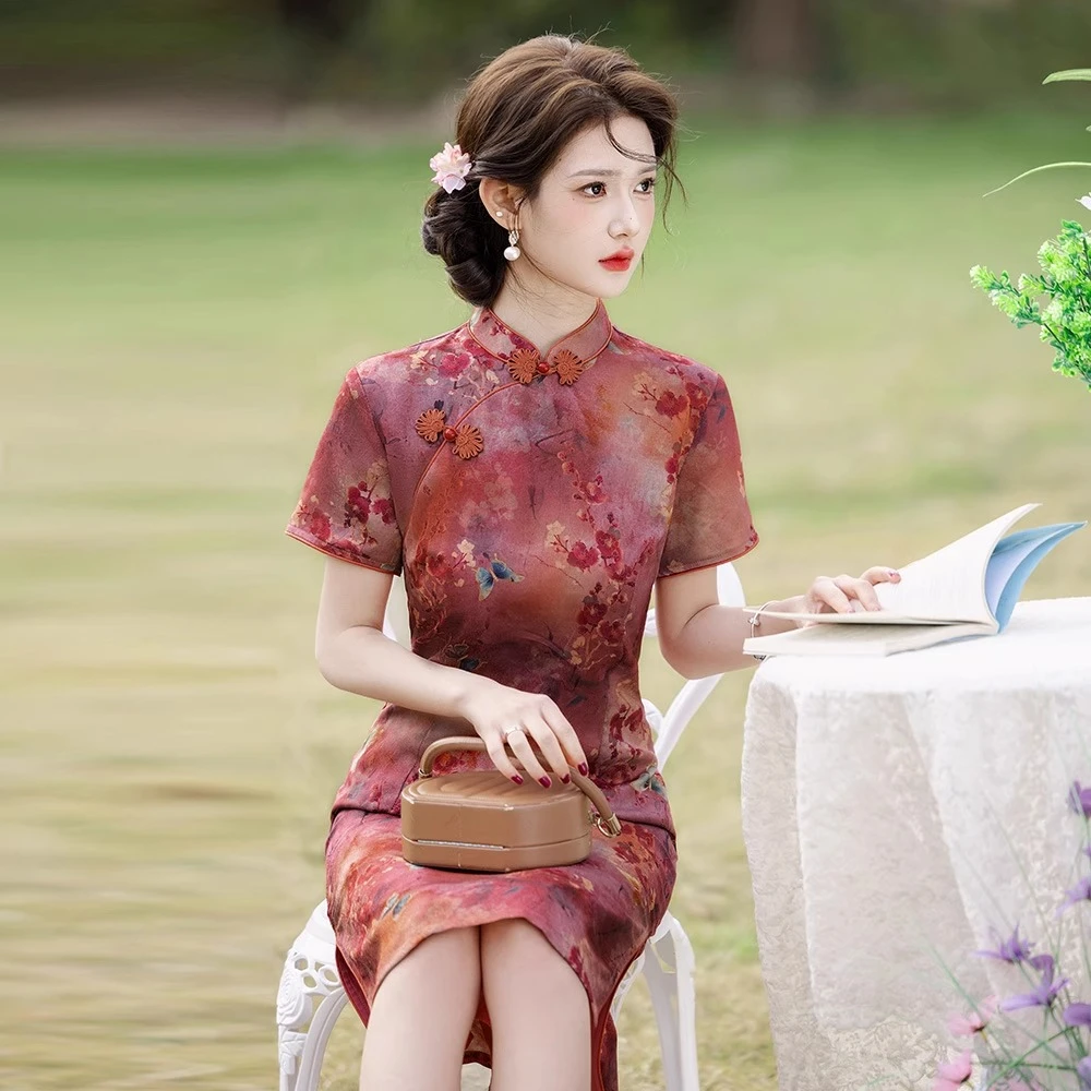 红色中式旗袍裙女2025新款夏季改良上班可穿高考送考妈妈装连衣裙