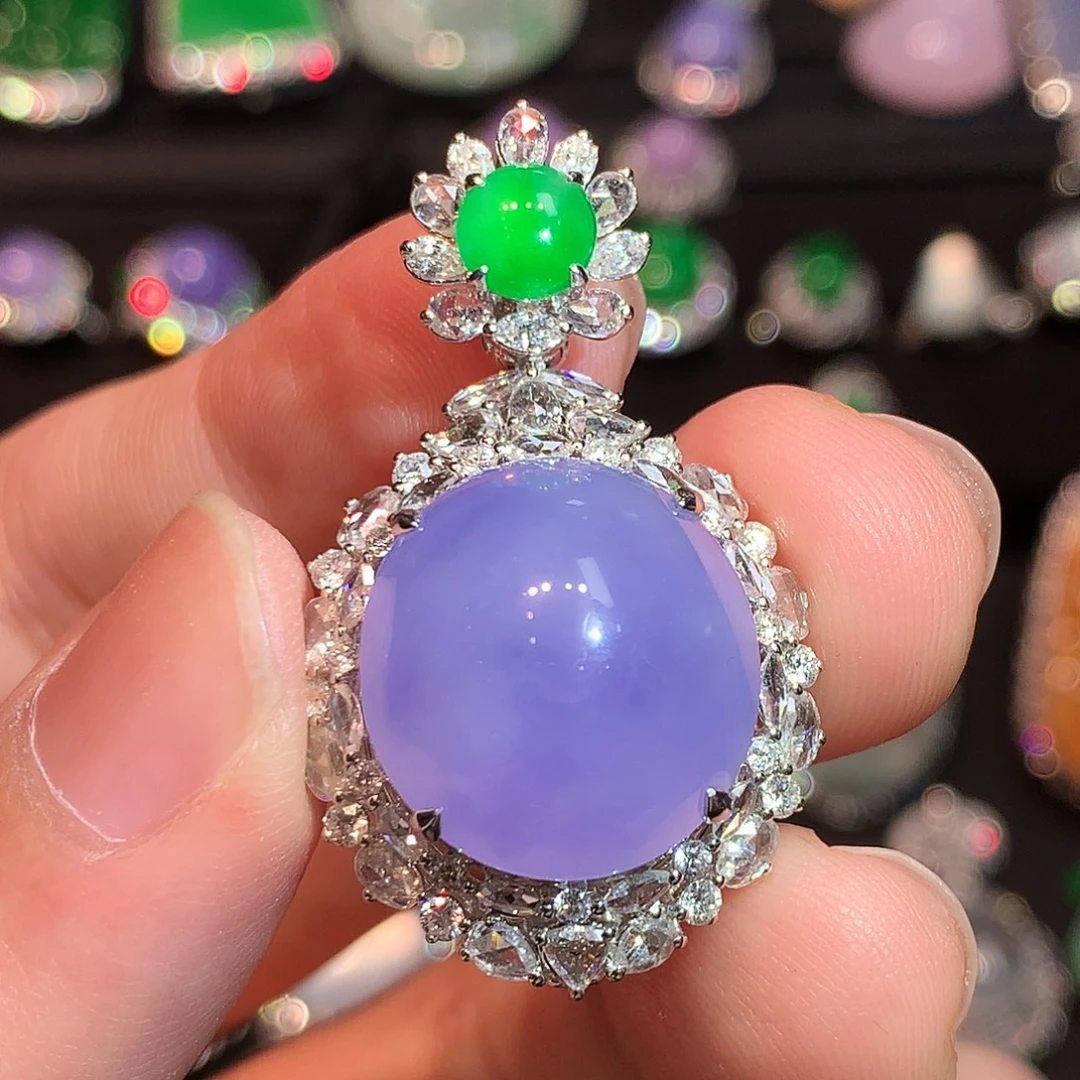 翡翠18K金镶嵌吊坠(赠链)高冰紫罗兰鸽子蛋吊坠