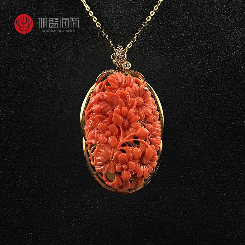 天然红珊瑚莫莫雕花珊瑚吊坠