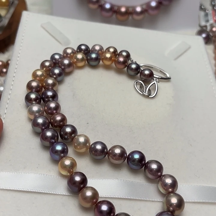 银S925镶嵌颈饰淡水珍珠9-12近正圆莫兰迪配色