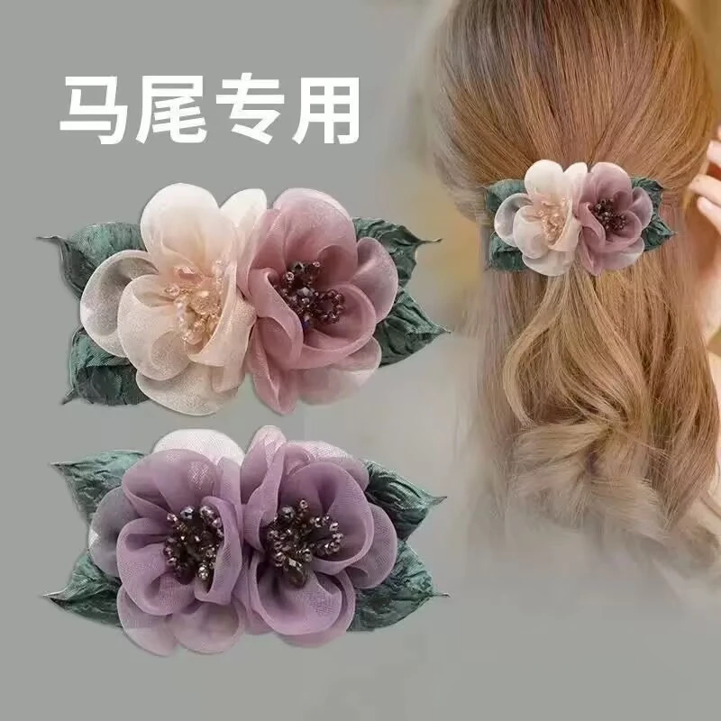 花朵发夹马尾夹盘发器头饰成人顶夹女弹簧夹绢纱发饰卡子发卡饰品