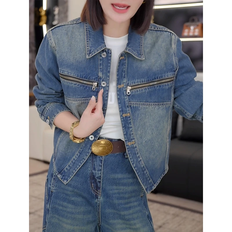 高级感简约百搭水洗做旧牛仔外套女春秋季2026新款小个子休闲夹克
