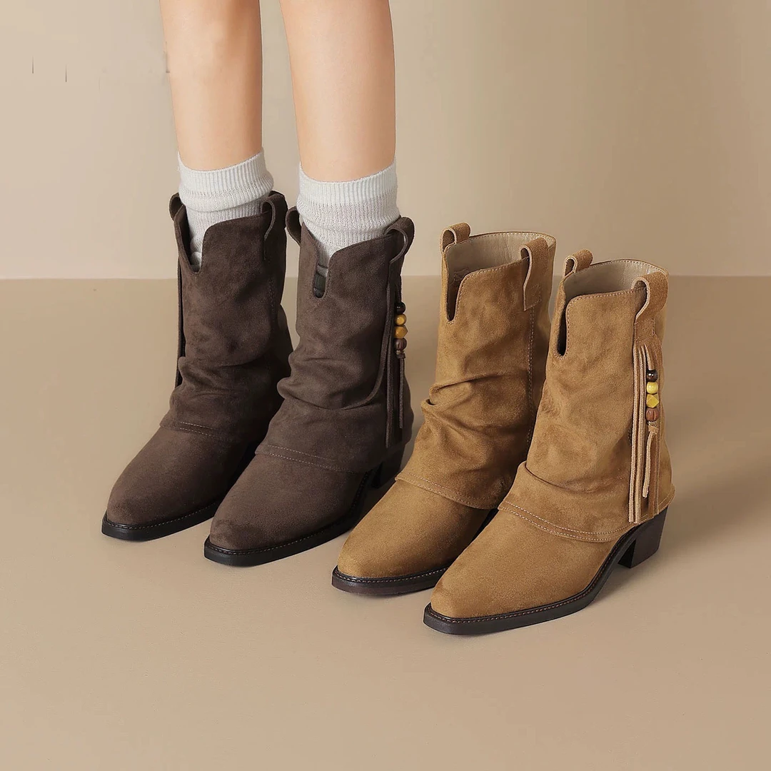 达芙妮2025刺绣西部牛仔靴中筒方头尖头女鞋法式套筒森系复古zcck