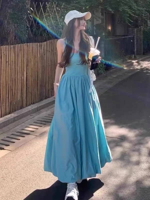 3i33-5338夏季新款法式海边度假无袖收腰A字大裙摆吊带背心连衣裙