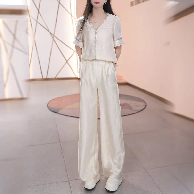烫钻时尚洋气套装2025夏季新款V领气质显瘦上衣遮肉松紧腰阔腿裤