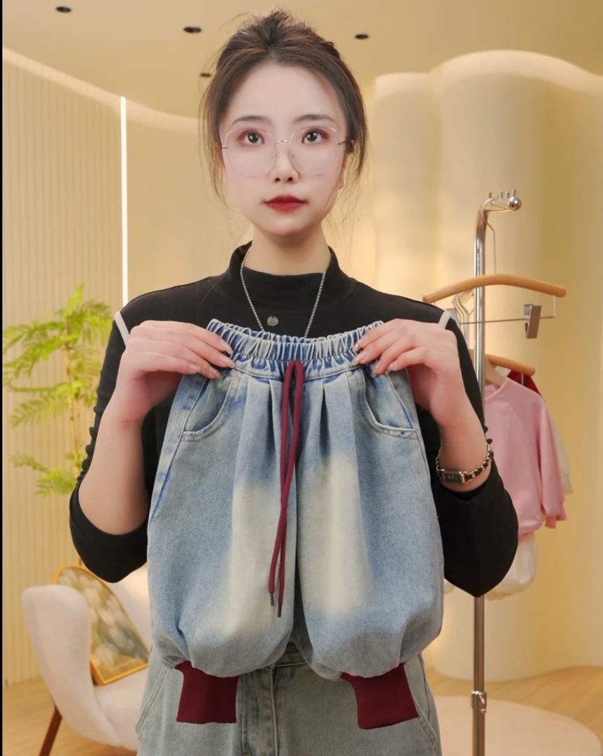 单件【春款 不加绒】新款儿童韩版洋气百搭休闲红色小脚灯笼牛仔裤