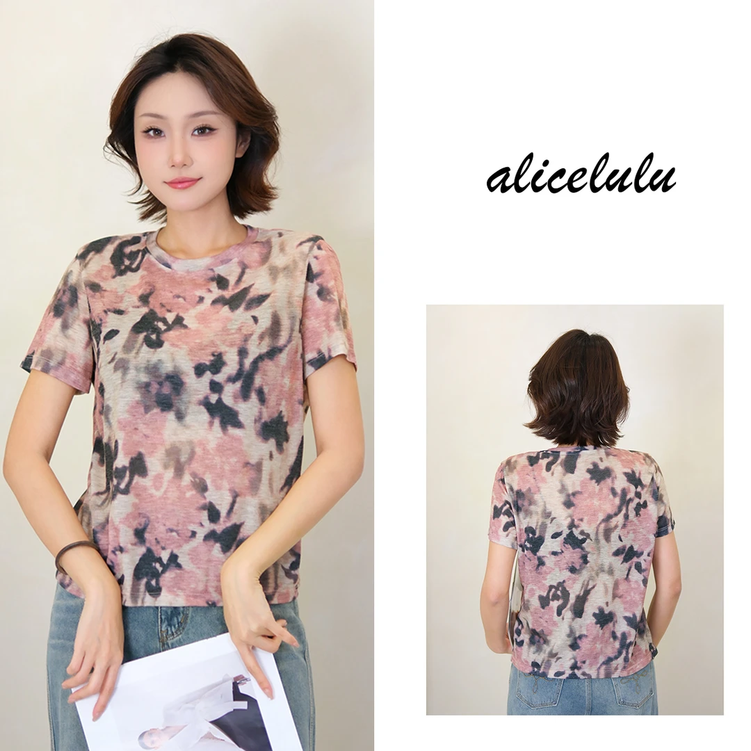[alicelulu] 彩墨晕染印花亲肤薄款短袖T恤休闲上衣S2143421T