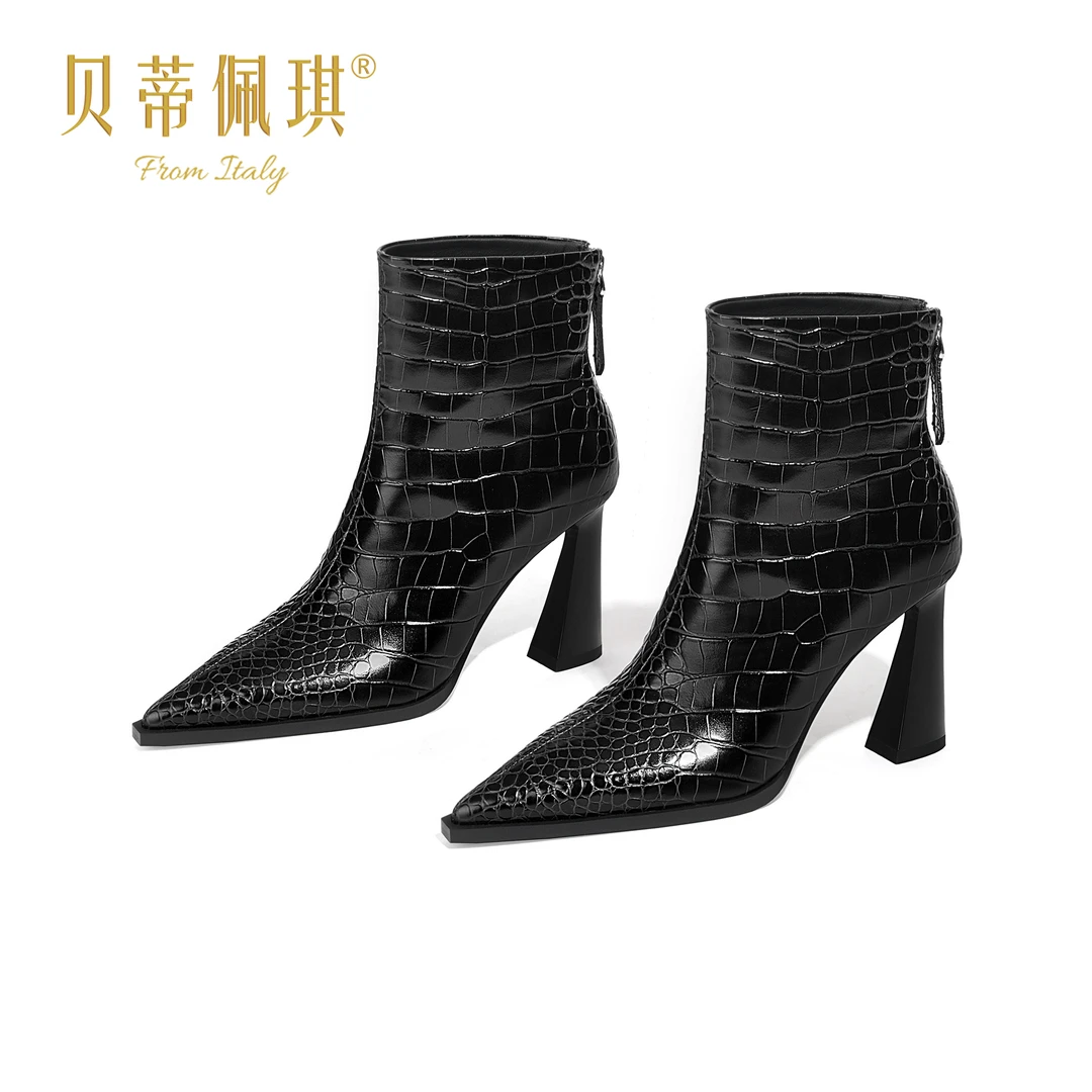 【跟高7cm】2025秋冬新款纯色尖头单靴细跟高跟短靴后拉链时尚简约