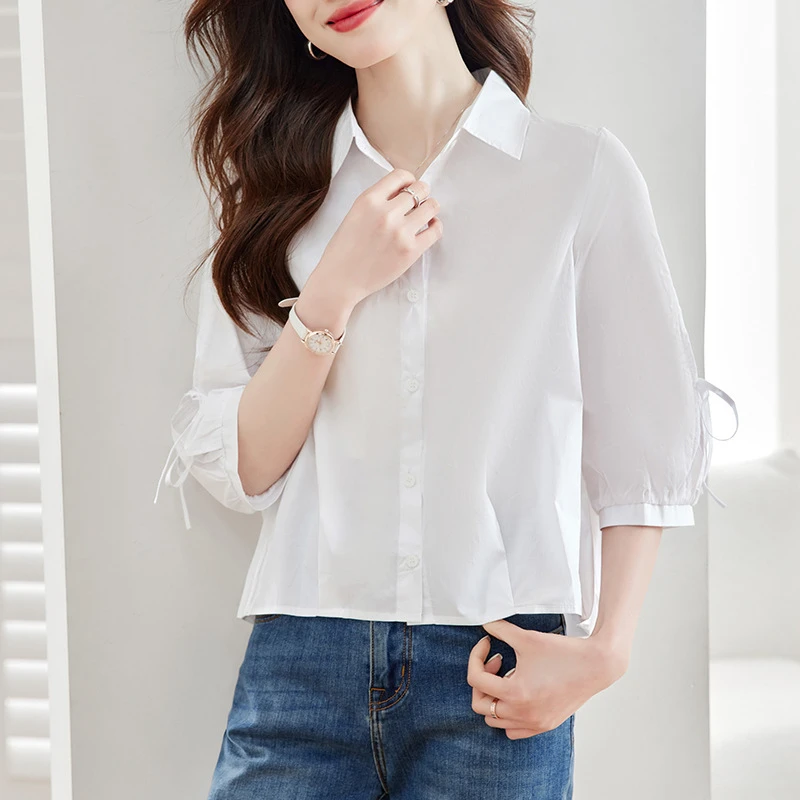 棉茧 白衬衫女七分袖2025夏季新款灯笼袖上衣小个子短款纯棉衬衣