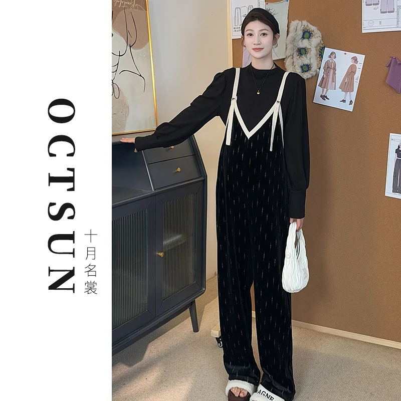 【十月名裳】加绒冬季孕妇装休闲显瘦宽松时尚丝绒背带裤57787