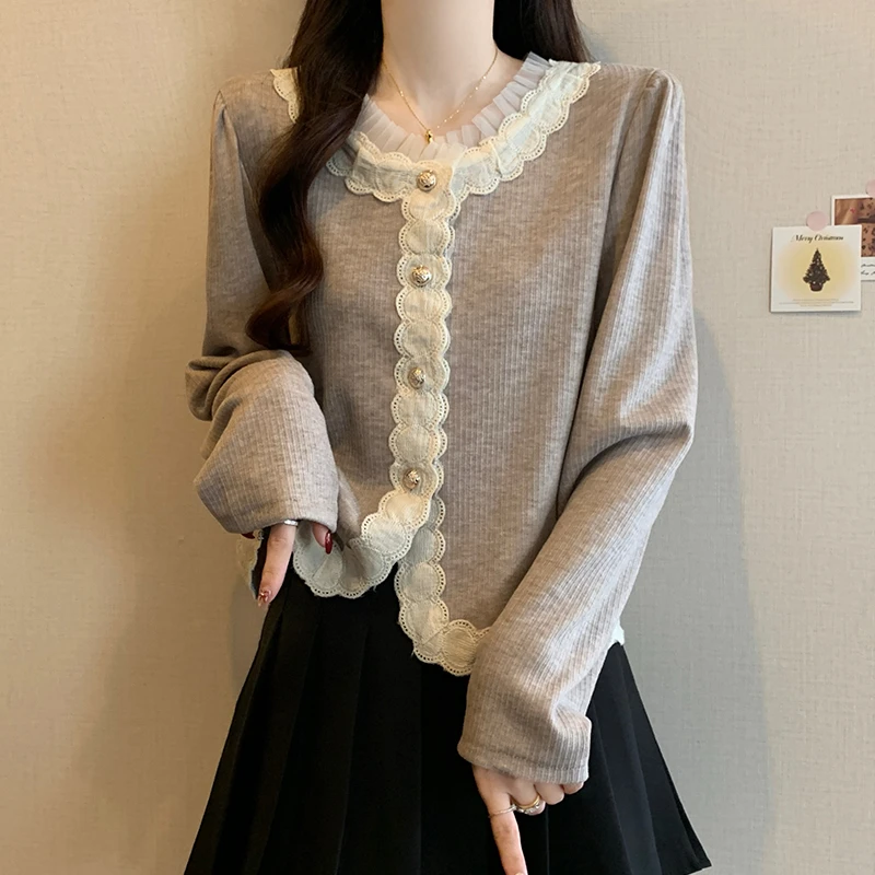 大码法式小香风蕾丝花边长袖衬衫女春季新款胖mm显瘦宽松减龄上衣