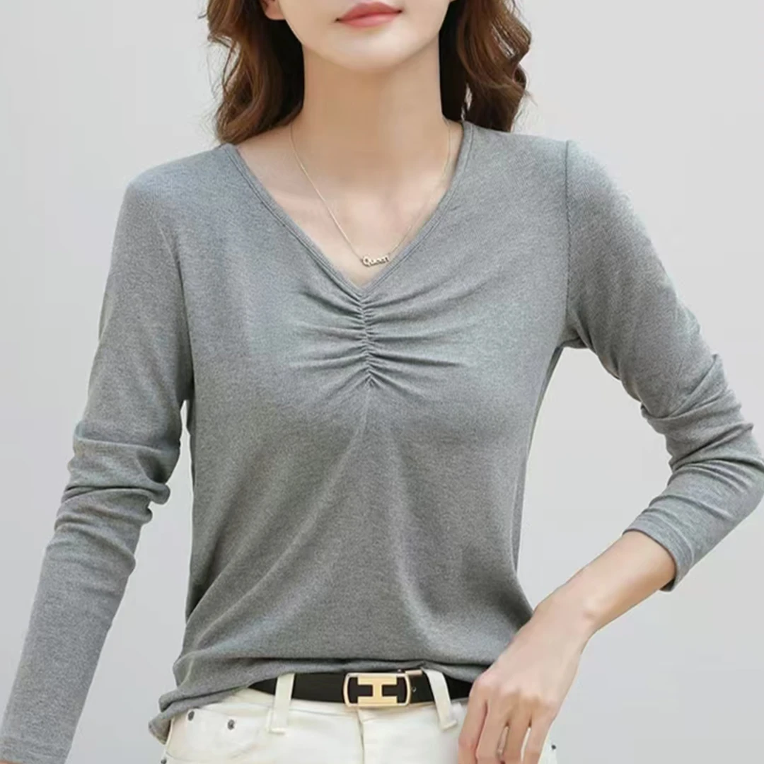 纯色轻熟风女士高级感时尚V领长袖T恤可打底休闲宽松设计感H468