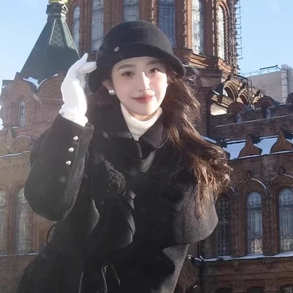 黑色赫本风羊毛千金帽子女士秋冬季英伦礼帽高级感保暖百搭马术帽