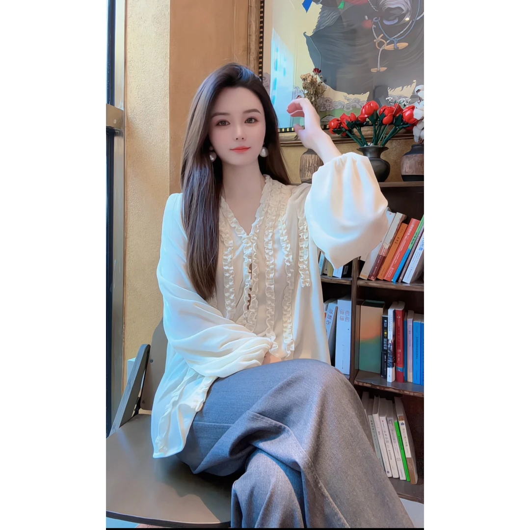 【深圳米熙儿】100%桑蚕丝丝绒木耳边衬衫