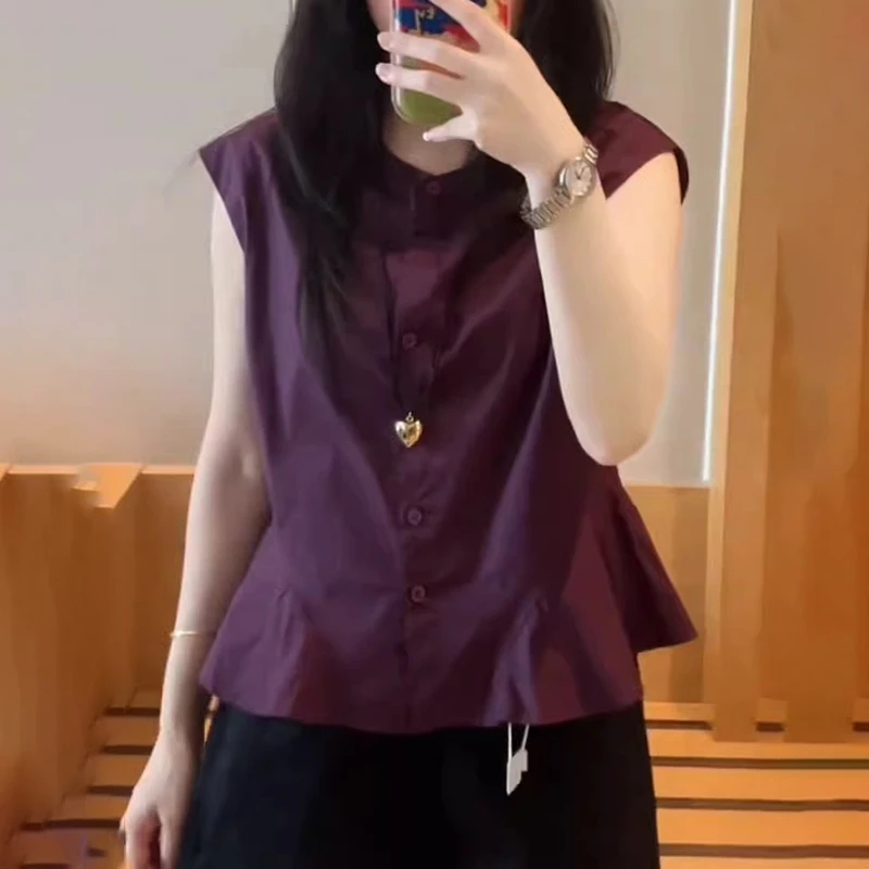 2025夏季新款紫色时尚圆领无袖衬衫女宽松显瘦减龄遮肚高级感上衣