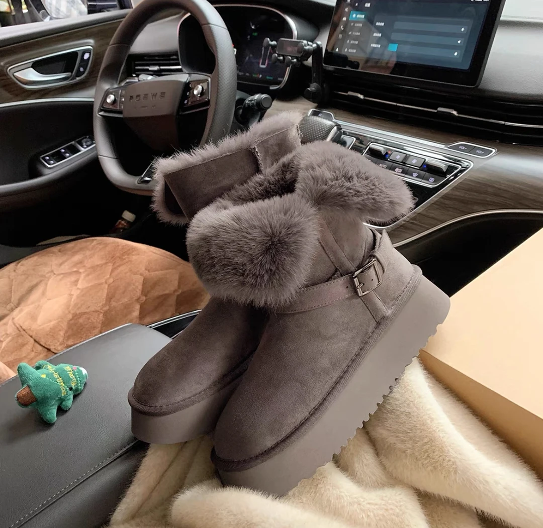 外翻厚底双扣时尚冬季保暖皮毛一体冬季加厚雪地靴百搭