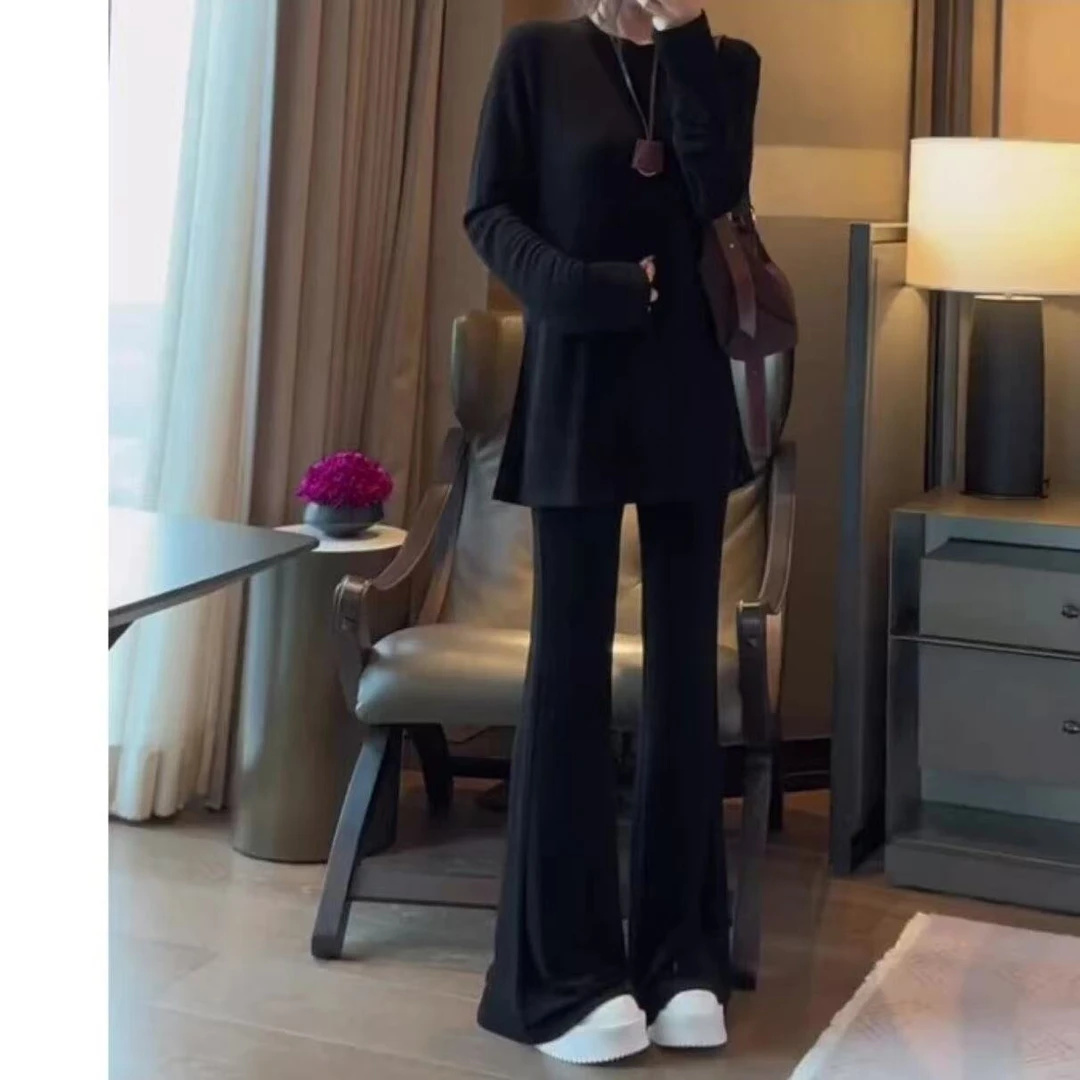 1203-两件套（加长衫+裤）简约纯色纸片人大码套装