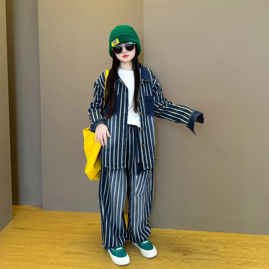 女童2025新款中大童韩版洋气春秋季休闲牛仔条纹外套牛仔裤套装潮