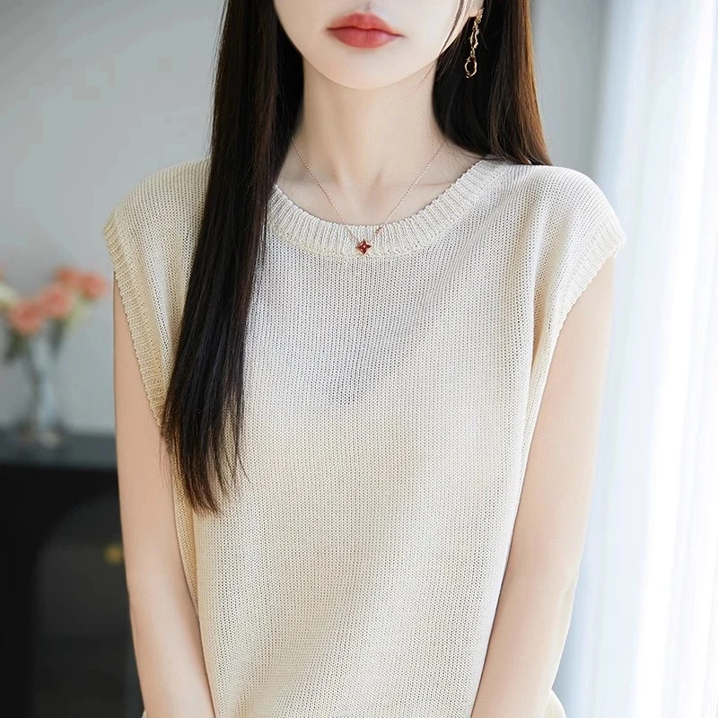 凉爽透气圆领针织吊带背心女休闲宽松外穿内搭无袖上衣打底