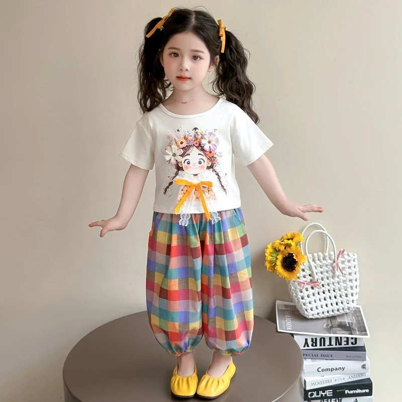 女童夏款卡通短袖套装2025新款洋气夏季薄款格子裤儿童休闲两件套