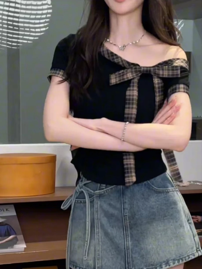 法式拼接条纹绑带蝴蝶结设计短袖T恤2025春夏设计感修身显瘦上衣