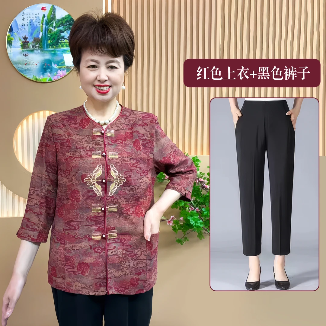 奶奶春装中袖衬衣老人衣服中老年人女装薄款衬衫70岁妈妈夏季小衫