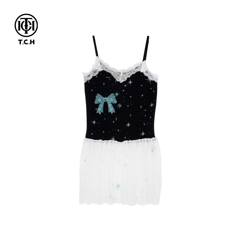 TCH-黑色蓝色烫钻蝴蝶结时尚休闲吊带T75A14E5005