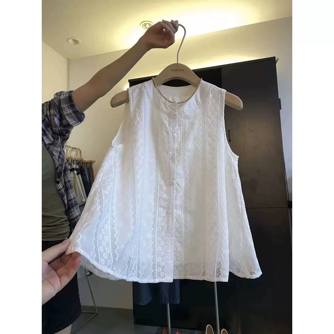 蕾丝拼接刺绣白色上衣夏季无袖有里衬背心娃娃衫衬衫小清新女