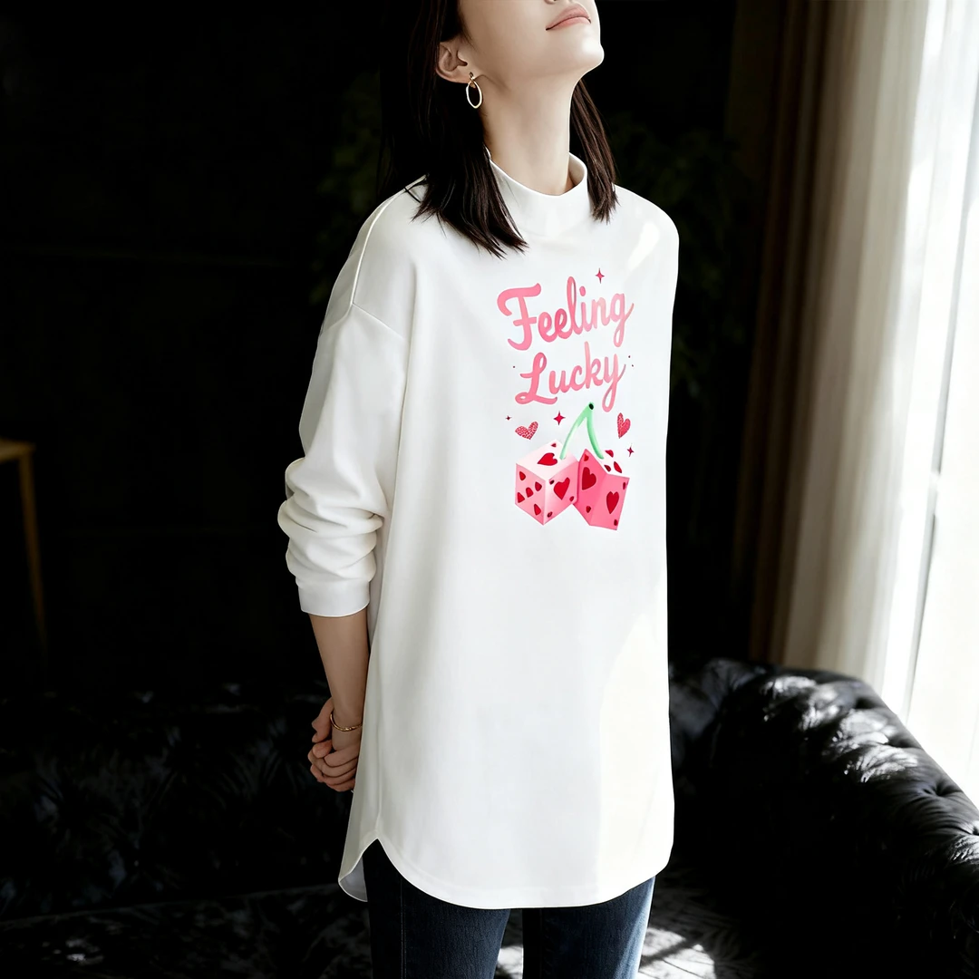 独特漂亮小衫新款宽松百搭圆领爱心印花长袖白色t恤女中长款上衣