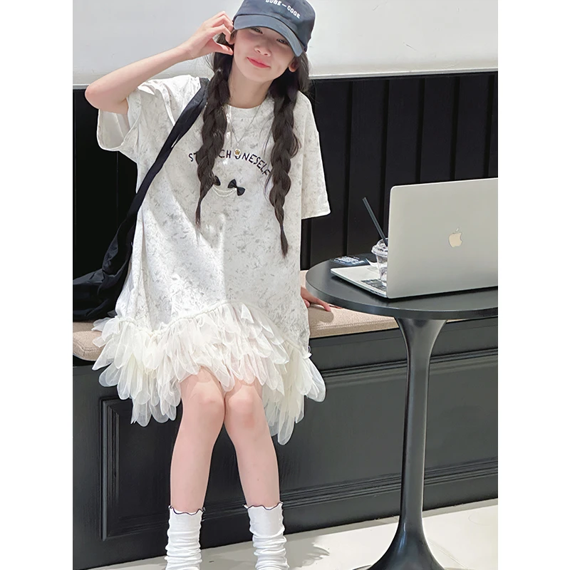 K29239扎染网纱女童夏装连衣裙2025新款儿童休闲短袖裙子A字短裙