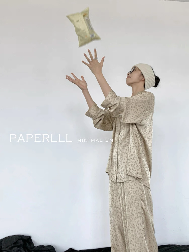 豹纹睡衣女秋季缎面小翻领冰雪丝简约风新款长袖可外穿套装家居服