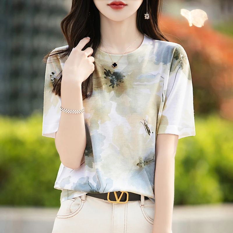 哥弟阿玛施正桑蚕丝印花短袖t恤女夏季新款气质圆领显瘦百搭上衣