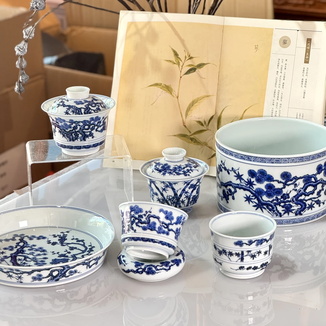 松风馆藏 | 全系列青花松竹梅岁寒三友盖碗壶承主人杯水洗茶器