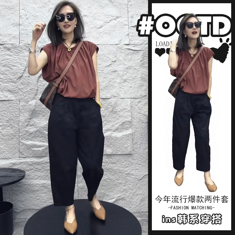 韩里韩气穿搭两件套装女新款夏季港味气质无袖显瘦上衣宽松休闲裤