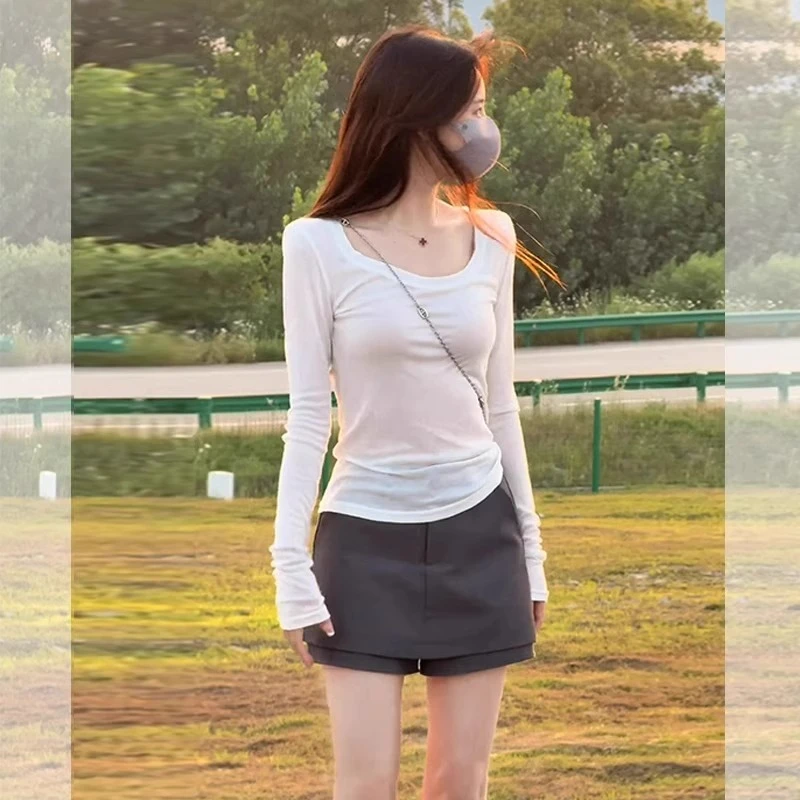 独特漂亮简约白色冰丝长袖t恤女夏日穿搭修身轻薄款防晒罩衫上衣