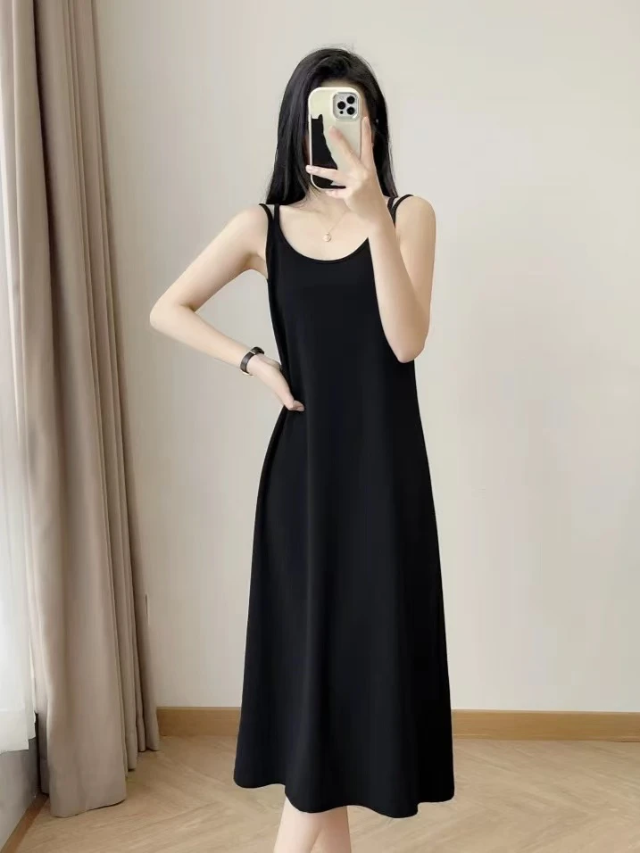 显瘦背心裙吊带裙韩版长裙黑色度假风连衣裙裙子无袖吊带外穿